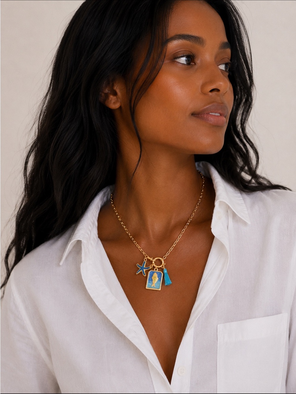 New! Preppy Colorful Blue Fish Tarot Card Charm Necklace NWOT 1034